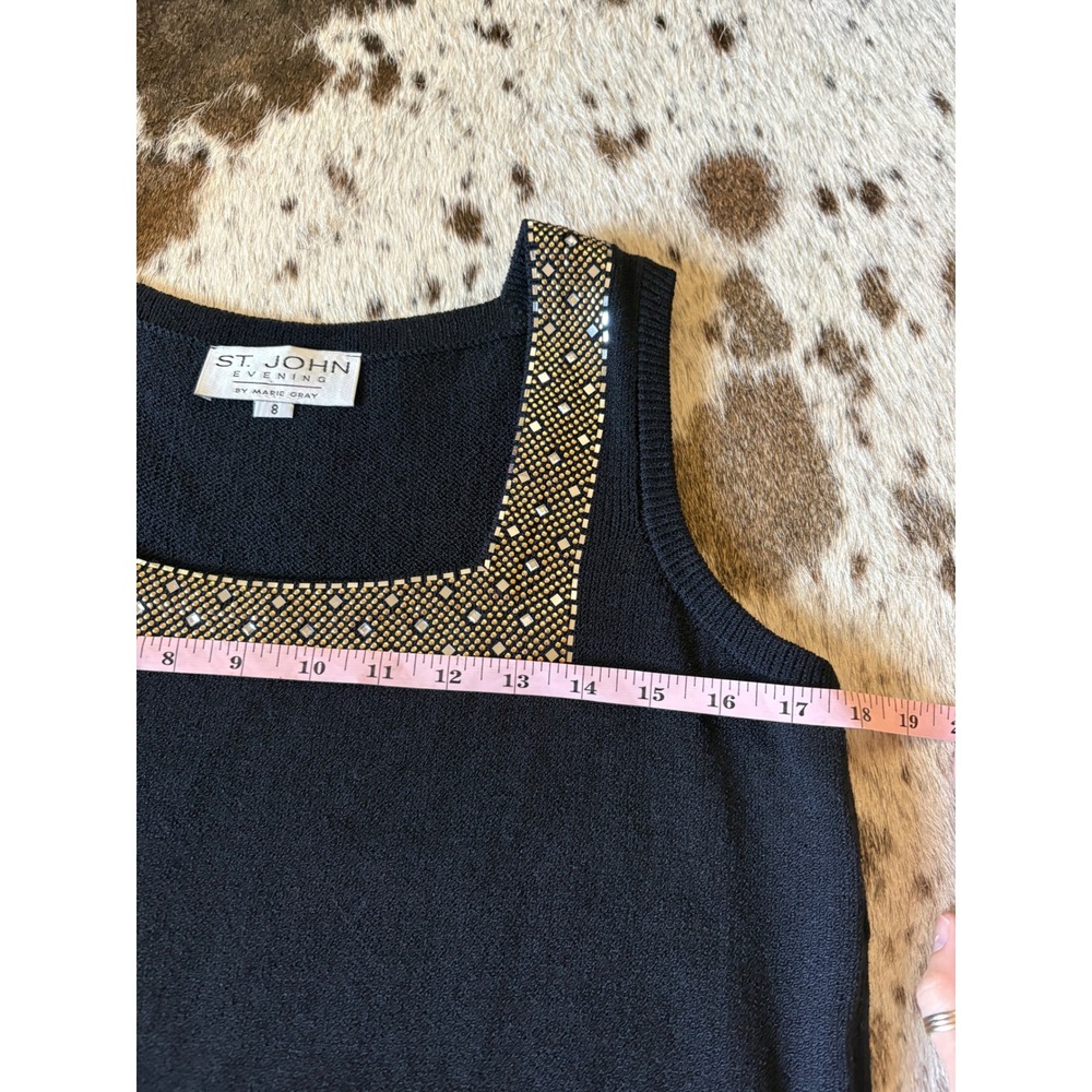 ST‎ JOHN Black Square Neck Jeweled Sleeveless Knit Top Size 8 - Picture 6 of 7